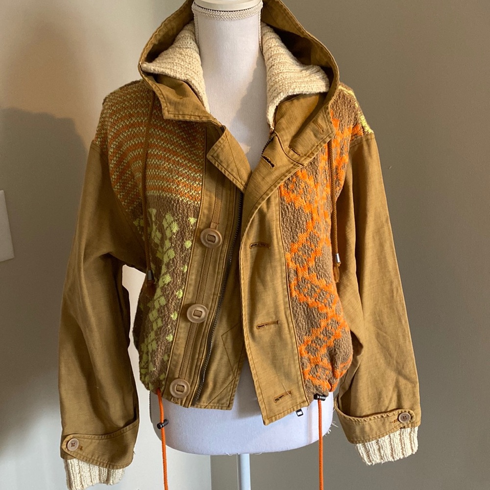 Free People Brown Utility Jacket with Orange and Green Accents